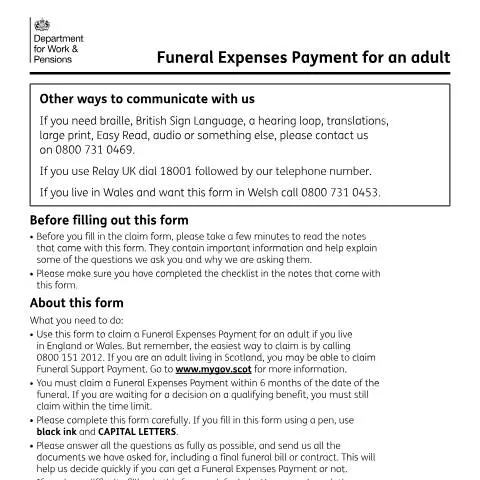 Document preview: Funeral Expenses Payment: DWP Support for Bereaved Families — Benefits & social aid