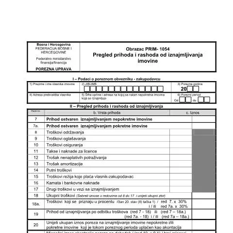 Document preview: Obrazac PRIM_1054 za iznajmljivanje imovine — Porezi i fiskalnost (CERFA n°PRIM_1054)
