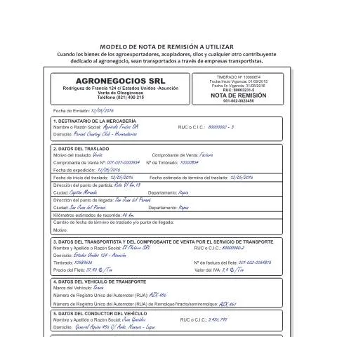Vista previa del documento Modelo de Nota de Remisión para Agronegocios en Paraguay — Trámites administrativos
