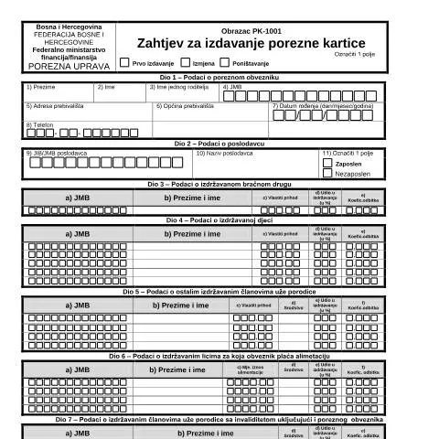Document preview: Sve što trebate znati o Poreznoj Kartici u BiH — Porezi i fiskalnost (CERFA n°PK-1001)