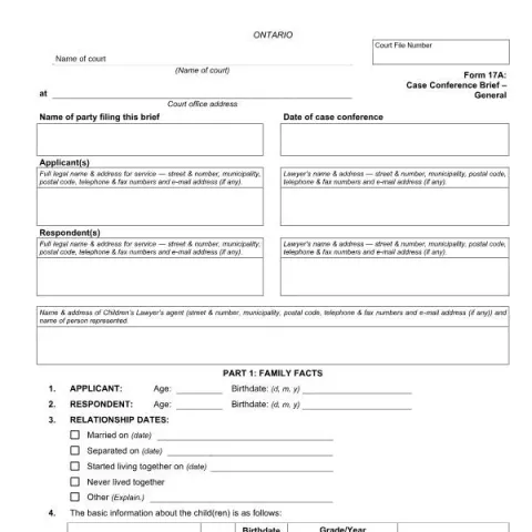 Document preview: Understanding Ontario Courts Form 17A: Case Conference Brief — Legal & justice (FLR 17A)