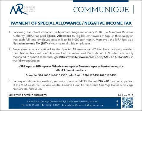 Document preview: Understanding Special Allowance and Negative Income Tax in Mauritius — Benefits & social aid (CERFA n°PaymentofNIT-SPA)