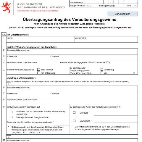 Aperçu du document Guide sur le transfert des plus-values immobilières au Luxembourg — Impôts & fiscalité (CERFA n°700_Anlage)