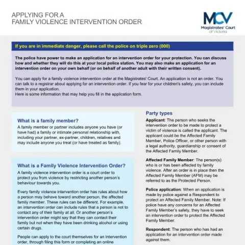 Document preview: How to Apply for a Family Violence Intervention Order in Victoria — Legal & justice (FVIO1)
