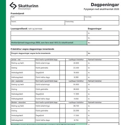 Document preview: Skattframtal 2026: Dagpeningar og skrefin sem fylgja — Skattar & fjármál (CERFA n°RSK 3.11)