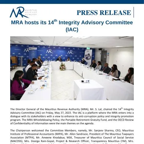 Document preview: Insights from the 14th MRA Integrity Advisory Committee Meeting — Government & admin (PressReleaseIAF310522)