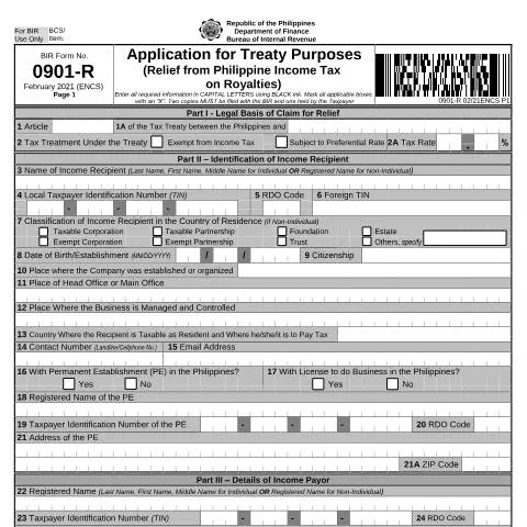 Document preview: Understanding BIR Form No. 0901-R for Tax Treaty Relief — Taxes (CERFA n°0901-R)