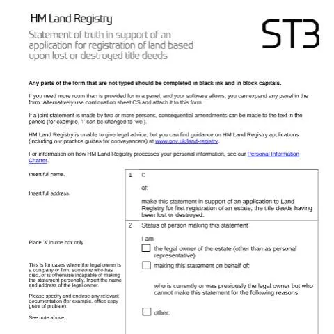 Document preview: HM Land Registry Form ST3: Replacing Lost or Destroyed Property Deeds — Legal & justice