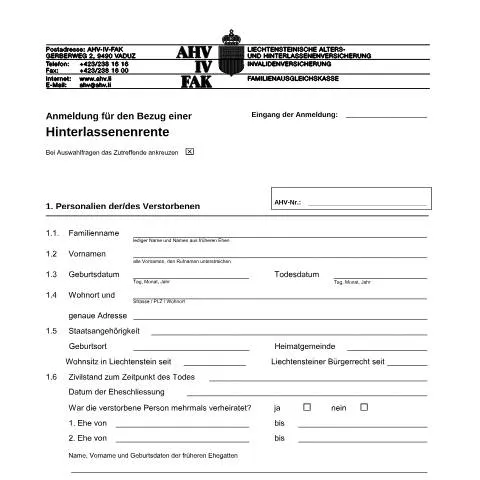 Dokumentvorschau: Leitfaden zur Anmeldung für die Hinterlassenenrente — Rente & Pension (CERFA n°AHV-IV-FAK-FORM-2-01--Anmeldung_Bezug_Hinterlassenenrente)