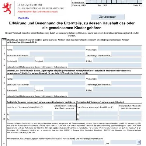 Aperçu du document Comprendre le Formulaire 104 D pour les Parents au Luxembourg — État civil & identité (CERFA n°104 D)