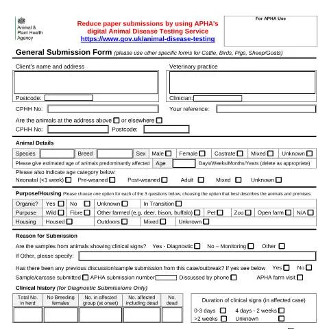 Document preview: How to Use APHA's General Submission Form for Animal Disease Testing — Government & admin