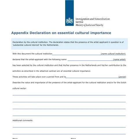 Documentvoorvertoning: Essentiële culturele betekenis voor kunstenaars in Nederland — Immigratie & visa (CERFA n°7678)