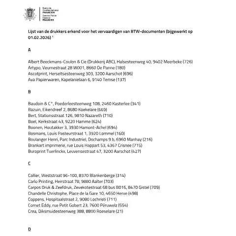 Aperçu du document Comprendre les Nota's et reçus pour les secteurs hôtelier et de la — Démarches administratives (CERFA n°152-erkende-drukkers-btw-20260201)