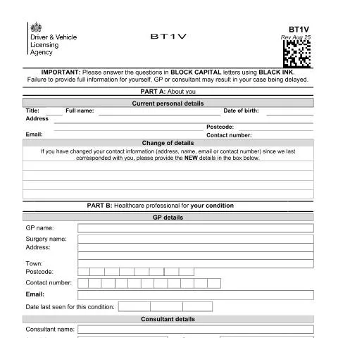Document preview: Medical Disclosure Requirements for Brain Tumour Patients: BT1V Form — Vehicle & driving