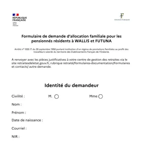 Aperçu du document Demande d’allocation familiale pour pensionnés à Wallis et Futuna — Aides & prestations sociales (Cerfa 16261*01)