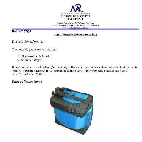 Document preview: Essential Guide to Portable Picnic Cooler Bag Classification — Government & admin (PortablePicnicCoolerBag)
