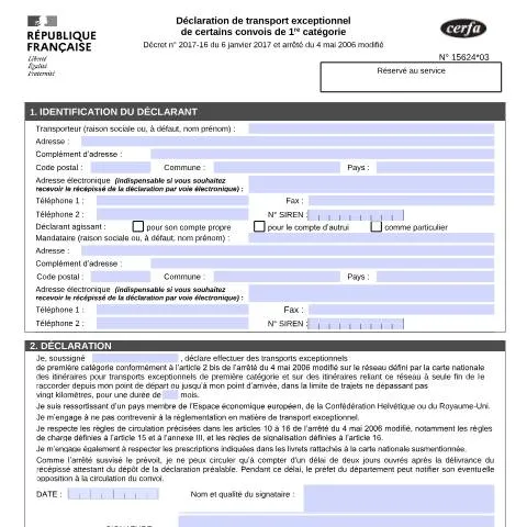 Aperçu du document Transport exceptionnel de première catégorie : seuils et déclaration — Démarches administratives (CERFA n°15624*03)