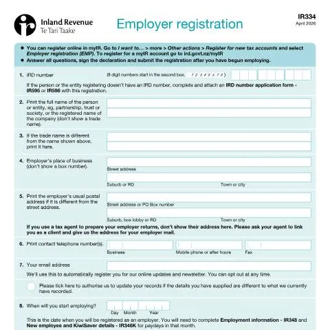 Document preview: Understanding the Importance of Employer Registration in NZ — Work & employment (CERFA n°IR334)