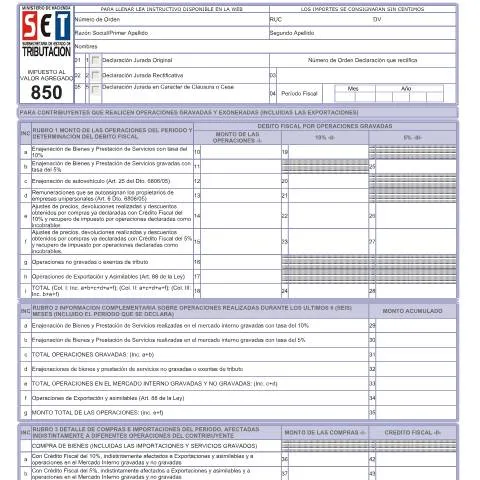 Vista previa del documento Guía para completar el Formulario 850 en Paraguay — Impuestos (CERFA n°F850)