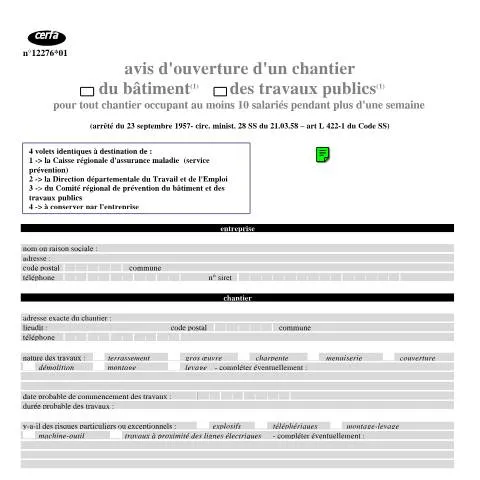 Aperçu du document Avis d'ouverture de chantier BTP : quand déclarer ? — Démarches administratives (CERFA n°12276*01)