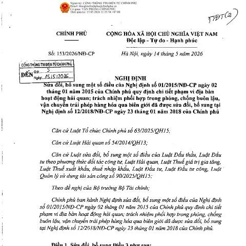 Document preview: Nghị định 153/2026/NĐ-CP: Tác động đến hải quan Việt Nam — Thủ tục hành chính (CERFA n°153/2026/NĐ-CP)