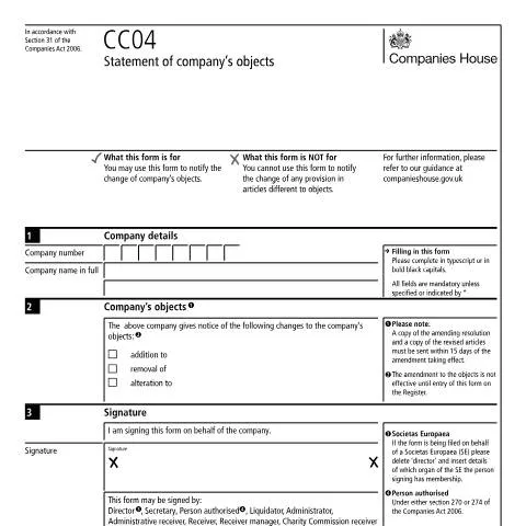Document preview: How to Change Your Company's Objects Using Form CC04 — Business