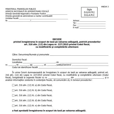 Document preview: Importanța Deciziei de înregistrare TVA în România — Impozite & fiscalitate (CERFA n°A3_OPANAF_2011_2016)