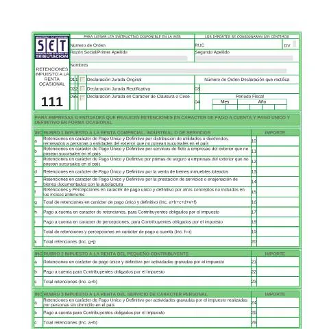 Vista previa del documento Formulario 111 para declaraciones en Paraguay — Impuestos (CERFA n°F111)