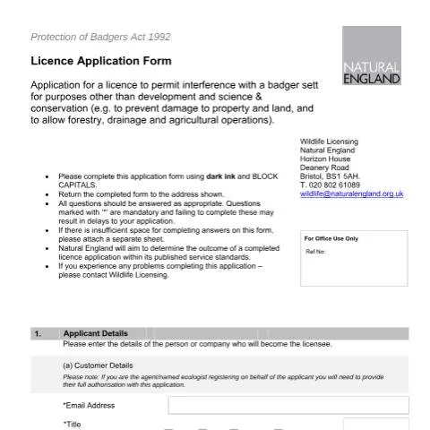 Document preview: Natural England Badger Sett Licences: A01 and LR01 Applications — Environment & energy