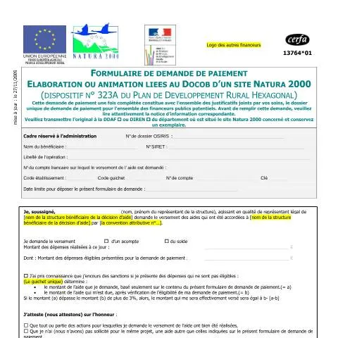 Aperçu du document Financement de l'animation Natura 2000 : guide du formulaire 13764*01 — Démarches administratives (CERFA n°13764*01)