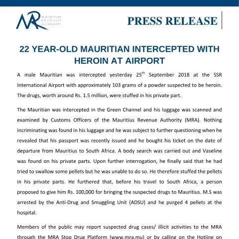 Document preview: Drug Interception: The Case of a Young Mauritian Smuggler — Government & admin (DrugSeizure260918)