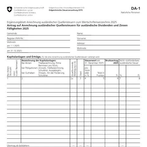 Dokumentvorschau: Verstehen des DA-1 Formulars für Quellensteueranrechnung 2025 — Steuern