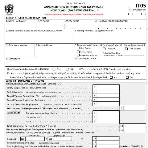 Document preview: Understanding the Jamaica IT05 CPC 2021 Income Tax Return Form — Taxes (CERFA n°IT05_CPC_9_August_2021)