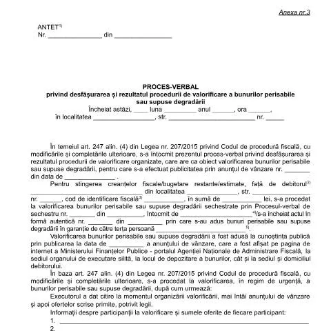 Document preview: Procedura de valorificare a bunurilor perisabile în România — Formalități administrative (CERFA n°A3_OPANAF_1517_2017)