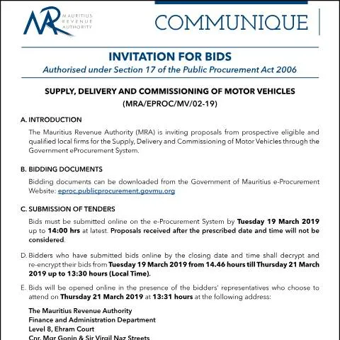 Document preview: Navigating the Supply and Delivery of Motor Vehicles in Mauritius — Government & admin (CERFA n°BidsMotorVehicles)