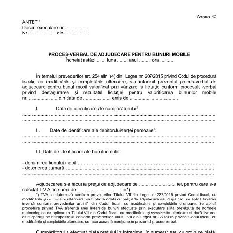 Document preview: Rolul procesului-verbal de adjudecare în licitații — Formalități administrative (CERFA n°A42_OPANAF_63_2017)