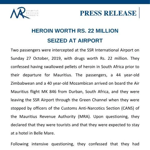 Document preview: Understanding the Heroin Seizure at SSR International Airport — Government & admin (PressRelease051119)