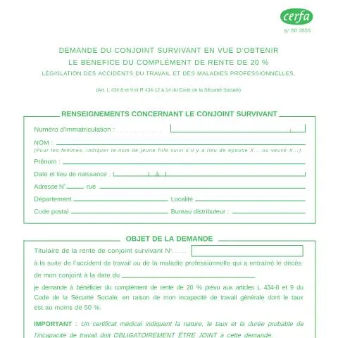 Aperçu du document Complément de rente de 20% : majoration pour conjoint survivant — Retraite & pension (CERFA n°60-3555)