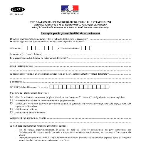 Aperçu du document Attestation du gérant du débit de tabac de rattachement (15349*02) — Démarches administratives (CERFA n°15349*02)