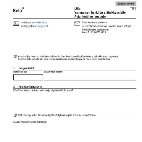 Document preview: Vammaisen henkilön etätulkkauslaite ja hakuprosessi — Tuet & sosiaalietuudet (CERFA n°Kela TU 7)