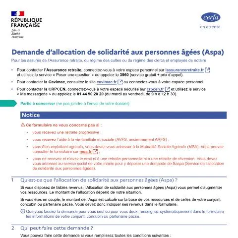 Aperçu du document Formulaire 13710*04 : démarches Aspa pour retraités modestes — Retraite & pension (CERFA n°13710*04)