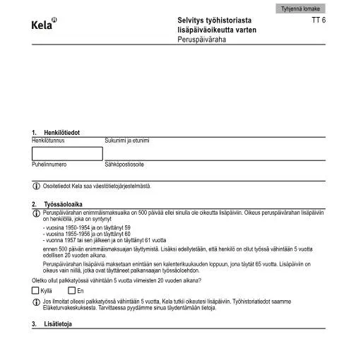 Document preview: Työhistorian selvitys ja sen vaikutus työttömyysetuuksiin — Työ & työllisyys (CERFA n°Kela TT 6)