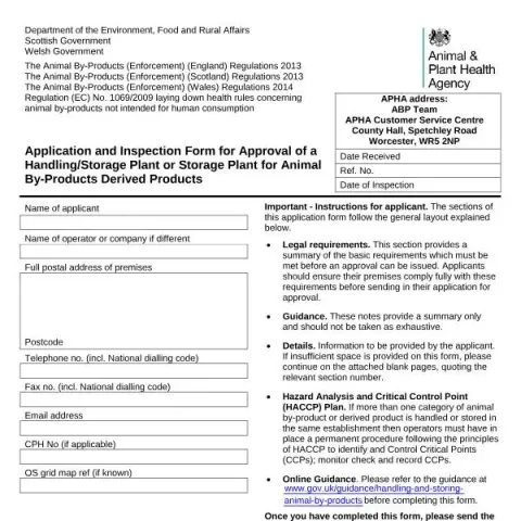 Document preview: APHA Application Process for Animal By-Products Processing Plants — Government & admin (ABPR03)