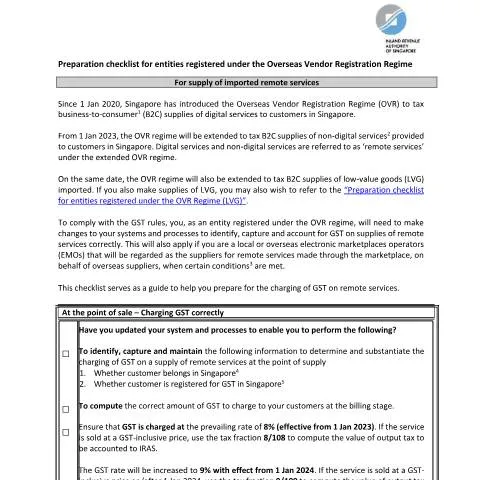 Document preview: Overseas Vendor Preparation Checklist for Singapore Remote Services — Taxes (CERFA n°4.-PREPARATION-CHECKLIST-FOR-OVR-VENDORS-(REMOTE-SERVICES))