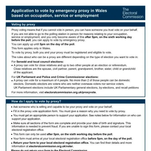 Document preview: Request an Emergency Proxy Vote in Wales for Work or Service Reasons — Government & admin (EP-WORK-W)