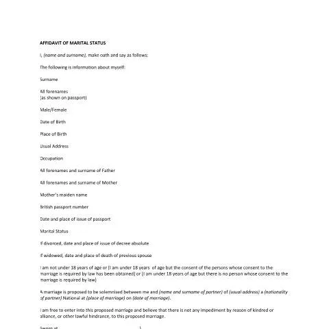 Document preview: Understanding the Slovenia Affidavit Form for Marriage — Legal & justice