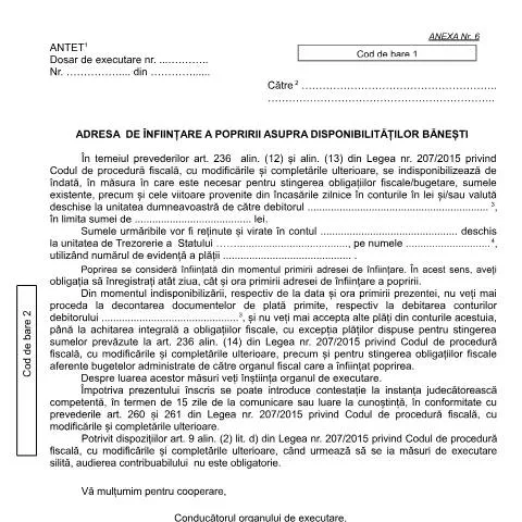 Document preview: Importanța adresei de înființare a popririi asupra disponibilităților — Impozite & fiscalitate (CERFA n°A6_OPANAF_967_2017)