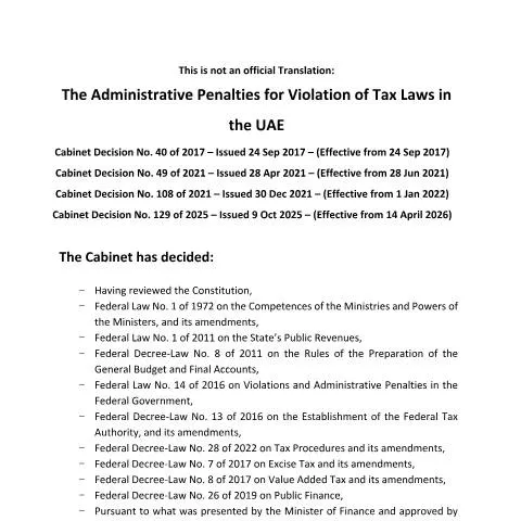 Document preview: Understanding UAE's Tax Administrative Penalties Under Cabinet — Taxes (CERFA n°Cabinet Decision No. 40 of 2017)