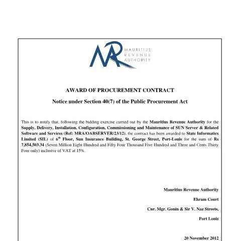 Document preview: Procurement Contract Award Notice in Mauritius — Government & admin (NoticeAwardforSun)