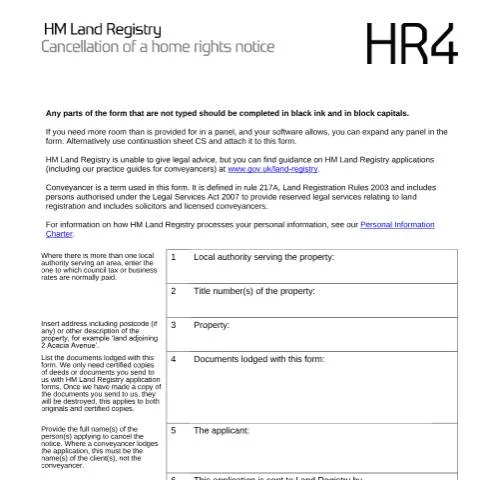 Document preview: How to Cancel Registered Home Rights: HR4 Form Process — Housing